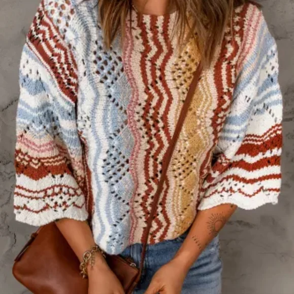 New Multicolor Stripe Knit Hollow Out Drop Shoulder Sweater - Picture 1 of 12